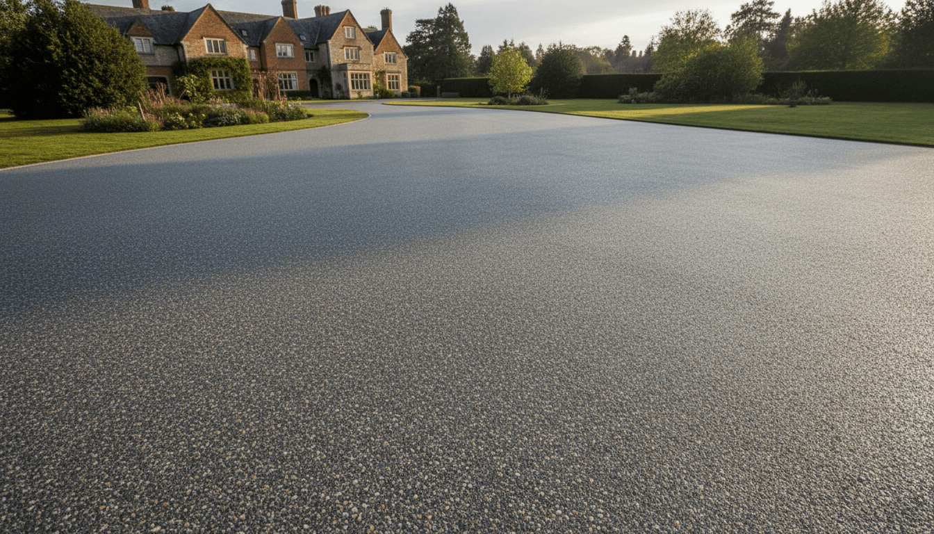 Freshly installed resin driveway leading to a residential property